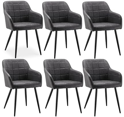 CLIPOP Esszimmerstühle 6er Set Stühle mit Armlehne, Kunstleder Bezug, Esszimmerstuhl Küchenstuhl Polsterstuhl, Stühle für Esszimmer (Kunstleder Dunkelgrau, 6er Set)