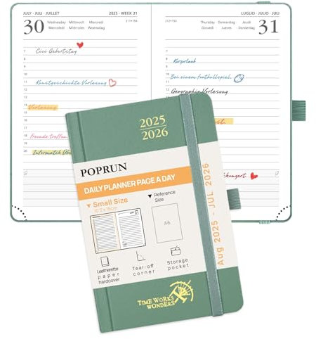 POPRUN Tagesplaner 2025 2026 Hardcover 16 x 10,5 cm, Tageskalender A6 1 Tag 1 Seite (Montag - Sonntag), Terminplaner (Aug.2025-Jul.2026) mit Stiftschlaufe - Mitternachtsgrün