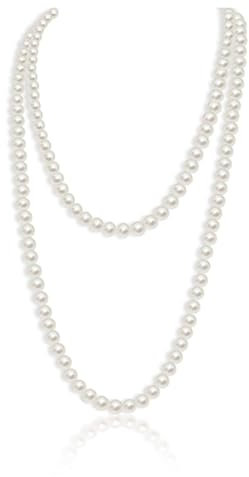 Ziranee White Perlenkette Weiß 150cm,1920s Gatsby Kostüm Accessoires Lange Perle Halskette，Dame Weiße Elegante Künstliche Perlen Imitation Perlen für Damen Date Abend Party Abschlussball