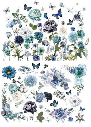 Joeyan Möbelaufkleber, Blaue Grüne Blumenaufkleber für Kunst und Handwerk, Rub On Sticker 2 Große 42x30cm, DIY Home Decal auf Holz Glas Metall Leinwand Porzellan Papier Kunststoff, Blumen auf dem Feld