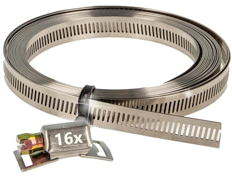 tecuro Endlosband - Schlauchschellen - Set: Band 5 m x 14 mm, Chromstahl W2, inkl. 16 x Gehäuse