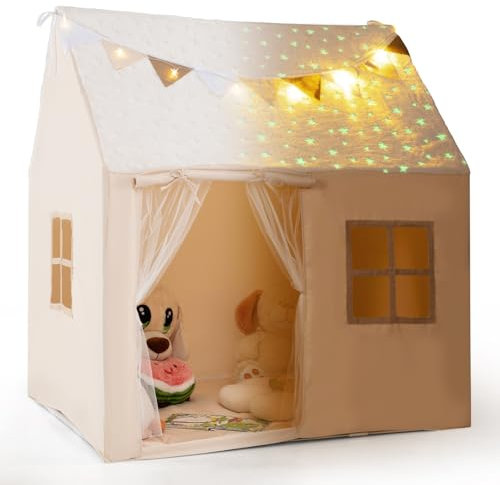 COSTWAY Spielhaus Kinder Indoor, Kinderzelt mit gepolsterter Matte & Sternenlichtern, Spielzelt Kinder mit Flaggen, Kinderspielhaus für Jungen & Mädchen ab 3 Jahren, 119 x 104 x 129 cm