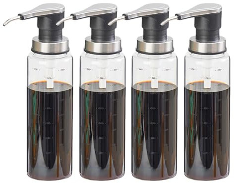 BTSAE Botella de cristal para salsa, dispensador de salsa de 500 ml, botellas de salsa con 304 bombas de acero inoxidable, dispensador de jarabe con líneas de escala, dispensador de salsa para ketchup