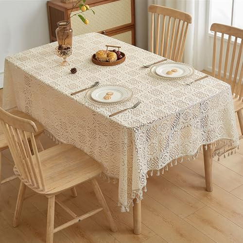 Nappe à carreaux infroissable avec pompons - Lavable - Pour mariage, fête, cuisine et salle à manger - Beige - 140 x 230,1 cm - Élégante et