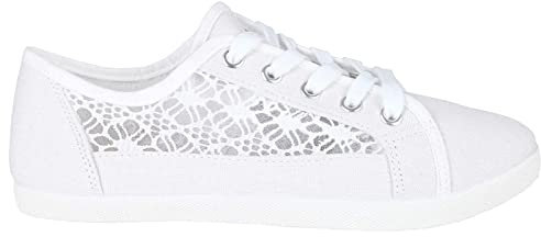 Mizaf® Womens Canvas Plimsolls Lightweight Lace‑Embroidered Sneakers, Ladies Casual Flat Pumps for Summer Beach & Everyday Wear Fashion Trainers Shoes (White, UK-5)