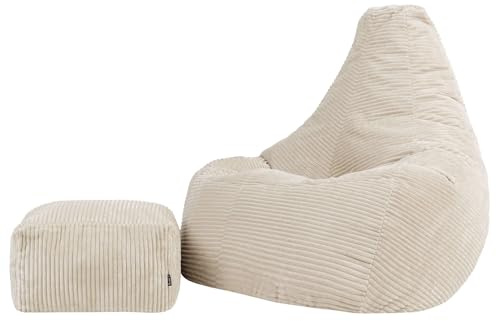 icon Dalton Large Cord Bean Bag & Footstool with Filling Included, Beige | Made in the UK, Adult Beanbag, Comfy Chair, Soft Corduroy Fabric, Floor Chair For Lounge and Bedroom