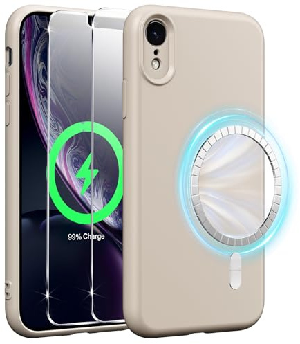 Xiltlly Cover Magnetica in Silicone Liquido per iPhone XR 6.1 Pollici con 2 Pezzi Vetro Temperato, Compatible con MagSafe Magneti Integrati, Custodia Antiurto AntiGraffio per iPhone XR, Grigio