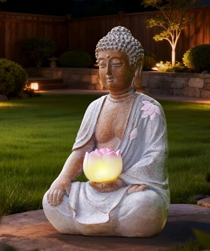 Goodeco Solar Buddha Statue mit Blinkendem Lotuslicht für Garten, Weiß | Wetterfeste Meditation Gartenfiguren, Spirituelle Geschenk für Frauen Mama Männer, Deko für Zen Garten Zimmer Feng Shui