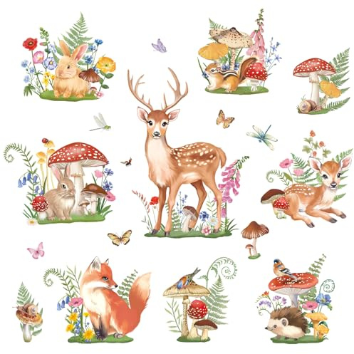 FUFUQUARE Stickers Muraux Animaux de la Forêt Biche Lapin Champignons Décoration Murale Aquarelle Style Nature Autocollants Amovibles pour Chambre Fille et Garçon Salon
