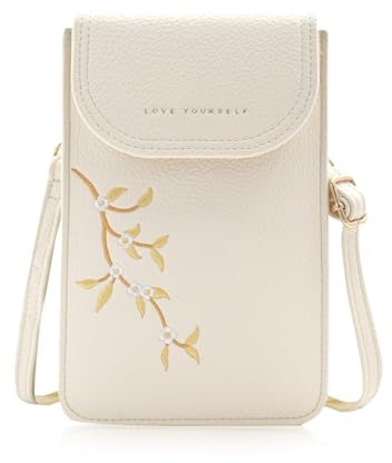 TeeYee Handy Umhängetasche Damen PU Leder Bestickte kleine Schultertasche | Magnetischer Klappverschluss,mit Verstellbarem Träger,für Smartphone bis 6,8 Zoll,Handytasche zum Umhängen,mit Kartenschlitz