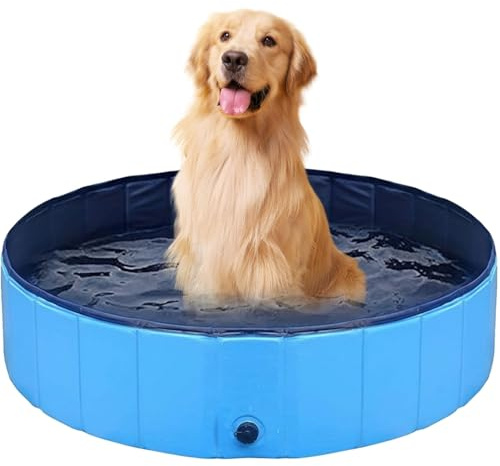 Hundepool Faltbar, Anti-Rutsch Planschbecken für Hunde & Katzen, Robuste Hundebadewanne aus 3-lagigem PVC & MDF, Wasserdichter Schwimmpool mit Abfluss für Garten Bad (100x30cm)