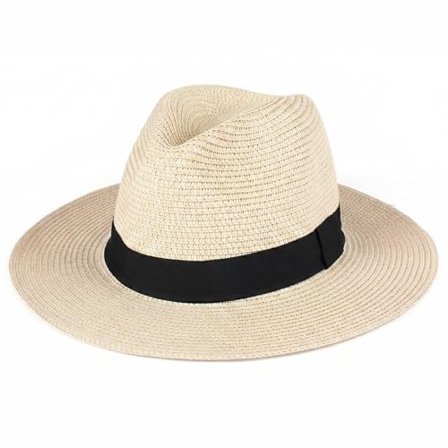 KxrTpx Panama Hat for Men and Women, Straw Hat with Wide Brim Design, Ideal for Beach Vacations and Outdoor Activities, Lightweight Sun Protection Accessory, Dimensions 33 cm x 33 cm x 11 cm Beige