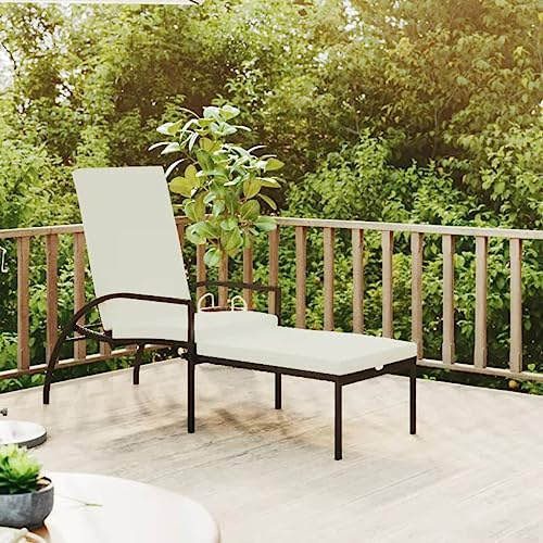 Cartvyn Chaise longue de jardin en rotin synthétique réglable avec repose-pieds, pour balcon, terrasse, piscine et extérieur, noir et blanc crème, 195 x 60 x 55-102 cm