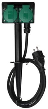 Perel Multiprise de jardin avec piquet, 2 prises avec terre française (type E), 2 clapets, 1.5 m, 3G1.5, IP44, noir/vert