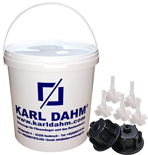 Karl Dahm Fliesen Nivelliersystem Levelmac Starter-Set für 2 mm Fugen: 30 schwarze Zughauben für 3-12 mm Fliesenstärke + 100 Basislaschen + Eimer I Professionelle Fliesen Verlegehilfe – 12504