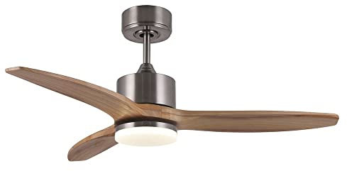 Ventilador de techo con luz LED Nare color níquel. Mando a distancia incluido. 3 Palas de madera. 6 velocidades. Función verano-invierno. LED Integrado. Ø 106.5 cm.