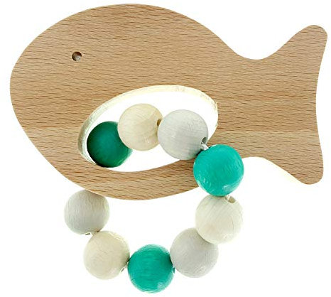 Hess Holzspielzeug 11122 - Greifling aus Holz mit kleiner Kugelkette, Nature Serie Fisch in Türkis, für Babys ab 6 Monaten, handgefertigt, für Greifübungen