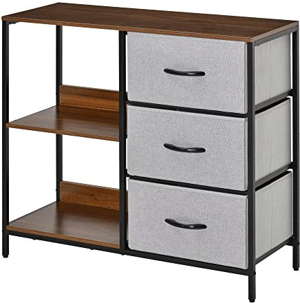 HOMCOM Cómoda Cajonera de Tela con 3 Cajones Plegables y 2 Estantes Estilo Industrial para Dormitorio Salón Pasillo 80x29x71 cm Nogal y Gris Claro