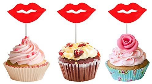 Honbay 30PCS Sexy Red Lip Cake Cupcake Toppers Dessert Decorations Food Fruit Picks for Valentine's Day, Bachelorette Party, Bridal Shower, Engagement, Wedding, Birthday, etc