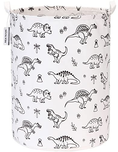 Sea Team 19.7 Inch Large Sized Waterproof Coating Ramie Cotton Fabric Folding Laundry Hamper Bucket Cylindric Burlap Canvas Storage Basket with Stylish Dinosaur Design
