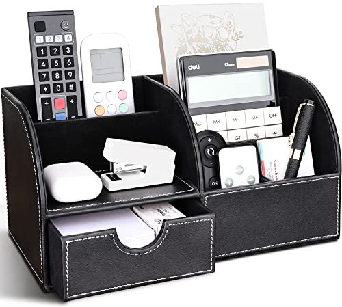 Richblue Schreibtisch Organizer, PU Leder Stiftehalter Schreibtisch, Multifunktionaler Büro Organizer mit Klein Schublade (7 Fächern-Schwarz)