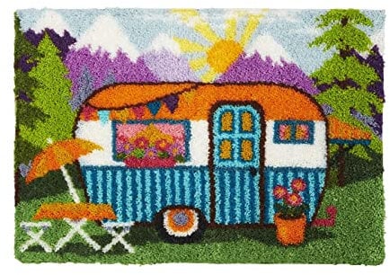 VIONNPPT Cartoon Auto Muster Knüpfteppich Zum Selber Knüpfen Knüpfset, Latch Hook Kit Selbst Teppich Set, 3D Kreatives Geschenk Tapisserie Für Erwachsene Kinder (Camping,50cmx38cm)