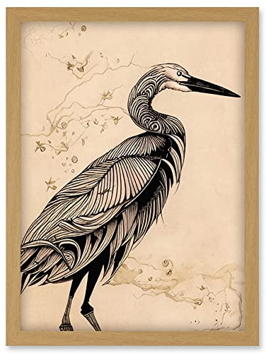 Doppelganger33 LTD Heron Bird Simple Ink Illustration Artwork Framed Wall Art Print A4