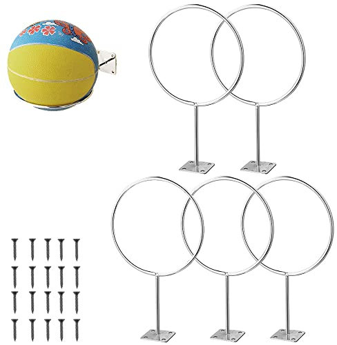 5Pcs Wall Mounted Ball Holders Display Racks, Stainless Steel Sports Ball Rack for Exercise Ball Basketball Football Volleyball
