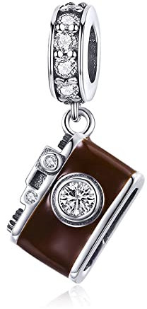 NINGAN 925 Sterling Silber Kamera Anhänger Glänzender Zirkon Charm des Armbandes Geeignet für Damen Halskettenarmband