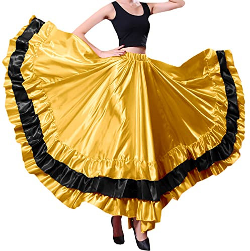 Damen Schwarz Rot Schichten Satin Langer Rock für spanischen Flamenco, Bauchtanz, , Mexiko, Ballett, Folklorico Performance Kostüm, Tiefgoldenes Design, XXL