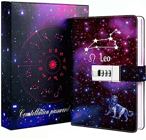 Dzhzal Tagebücher zum Einschreiben für Frauen Mädchen mit Schloss, Persönliches Sternbild Tagebuch für Frauen Kinder Jungen Teenager Abschließbares Leder Geschenkbox Notizbuch A5 8.5 x 6 Löwe