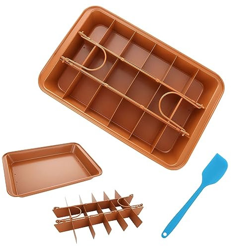 ZOFUN Non-Stick Brownie Tin, 30 x 20 x 3 cm Brownie Baking Tray with 18 Grids Dividers Removable, Easy Clean Brownie Tin with Dividers with 21 cm Scraper, Carbon Steel Brownie Tray for Baking