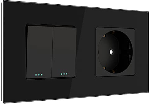 PULSAR Steckdose mit Doppel Lichtschalter Unterputz Schwarz Glas, Kombination 2-Fach aus Serienschalter/Doppelschalter und Schuko-Steckdose 16A mit 4mm Glasrahmen