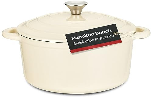 Hamilton Beach 5.5-Quart Enameled Cast Iron Dutch Oven Pot with Lid, Cream