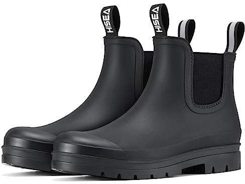 HISEA Women's Short Rain Boots Fashion Waterproof Chelsea Boots Ankle Garden Shoes for Ladies Non Slip Outdoor Work Booties Lightweight Rubber Rainboots with Comfort Insole, Size 8 Black