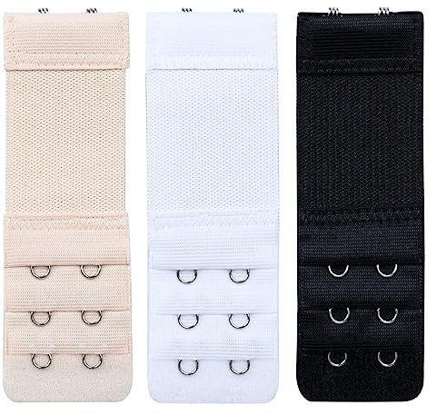 HUSAIHU 3 Pack Women's Bra Extenders, Bra Strap Extension 2 Hooks,Soft Stretchy Bra Back Extender,Elastic Bra Extension Straps Set With Stainless Steel 2 Hooks x 3 Rows (Black/White/Beige)