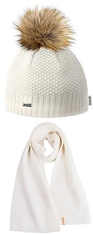 kama Gestrickte Merino-Mütze A166 und Schal S07, Damen - Weiß