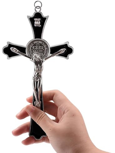 WenRity 20,3 cm Metall Emaille St. Benedikt Kruzifix Wandkreuz katholisches INRI Kreuz Wandkunst Dekor geben Segen und das spirituelle Heilige: Glaube Geschenk für Ihre Bekannten (schwarz)