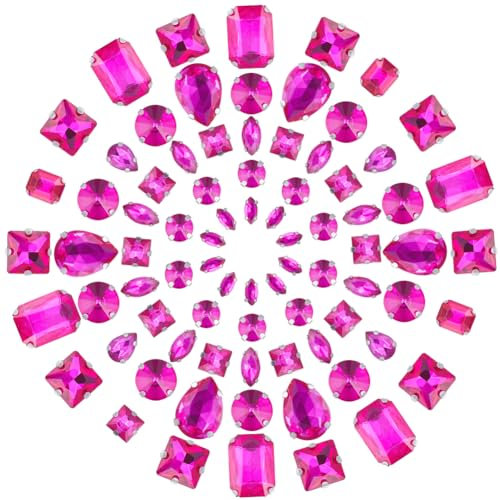 GORGECRAFT 1 Box 100Stk 10 Stile Nähedelsteine Zum Aufnähen von Strasssteinen Silberne Klaue Flache Rückseite Edelsteine Mit 4 Löchern Tropfenförmig Rund Gemischte Form Glas-Strasssteine DIY Hot Pink