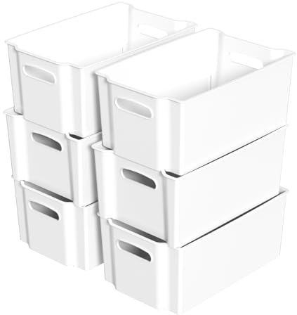 Uumitty 6 Packs Plastic Stackable Storage Containers for Fridge, Small Freezer Bin Organiser, White
