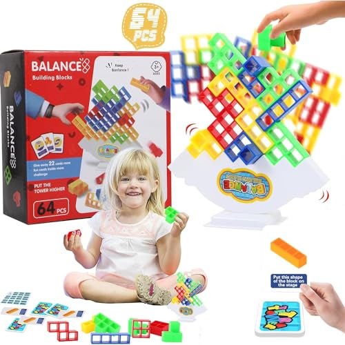 Amebleak Tetra Tetris Tower Spiel für Kinder und Erwachsene 64 Stück Balance Spielzeug Tower Game Stapelspiele Creative Stack Spielzeug Wackelturm Stapelturm für Jungen Mädchen ab Jahre 6+