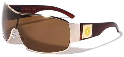 Khan Mens Sunglasses Oversized Wrap Around Shield with UV400 Protection (Gold/Brown/BrownLens)