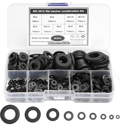 684 Piezas Arandelas Planas, Juego de Arandelas Negras, 9 Tamaños (M2 M2.5 M3 M4 M5 M6 M8 M10 M12) Arandelas de Acero al Carbono con 1 Caja de Plástico, para Fijaciones Mecánicas Industriales