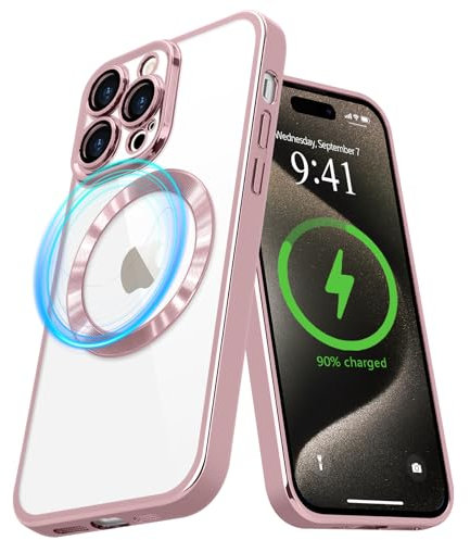 Pepmune Cover Magnetica per iPhone 15 Pro Custodia Compatibile con Magsafe Trasparente Placcatura Disegno Case Copri Fotocamera Antiurto Sottile Anti Ingiallimento Cover per iPhone 15 Pro Rosa