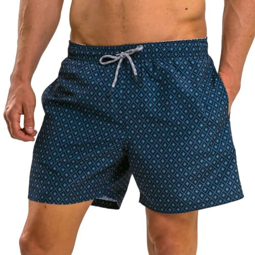 RIPT Essentials Bañador para Hombre Shorts de Baño con Protección Solar UV 50 de Secado Rápido, Estampado de Diamantes Azul, XL