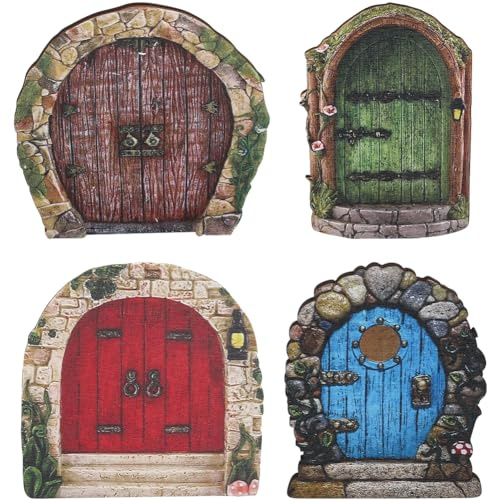 GORGECRAFT 4pcs Mini Porte de Jardin Féerique pour Arbre Miniature Porte en Bois Fenêtres Accessoires Muraux Kit de Bricolage Sculpture Artistique Décoration Extérieure pour Tronc d'arbre Bonsaï