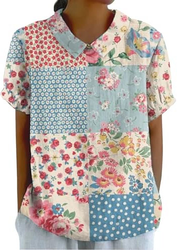 Shirt Weiss Damen Sale Leinenbluse Damen Art Floral Rundhals Lose Pullover Top Freizeithemd T-Shirt Tshirt Damen Rundhals 2024 Button-Down Kurzarm, Sommer Herbst Duften Sale Angebote Tops+Für+Damen