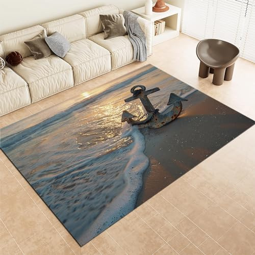 Kurzflor Teppich Anker Strand Meer Waschbar rutschfest Teppich, Weich Flauschig 80 x 150 cm Mit TPR Anti-Rutsch-Rücken Für Wohnzimmer Schlafzimmer Esszimmer