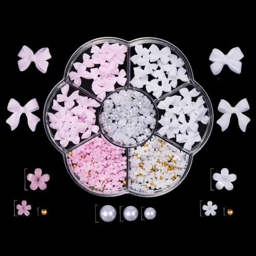 KARLOR Set di ciondoli per unghie, 3D, decorazione per unghie rosa, per nail art, decorazione per nail art, perline in resina acrilica, fiori con mezze perle bianche, per unghie in acrilico (7M-145)