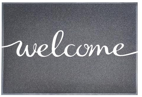 Floordirekt Welcome Fußmatte - Schmutzfangmatte, Türmatte mit Aufdruck - Fußabtreter, Sauberlaufmatte, Türvorleger, Fussmatte innen, Vinyl Spaghettimatte (Welcome - Grau, 50 x 80 cm)